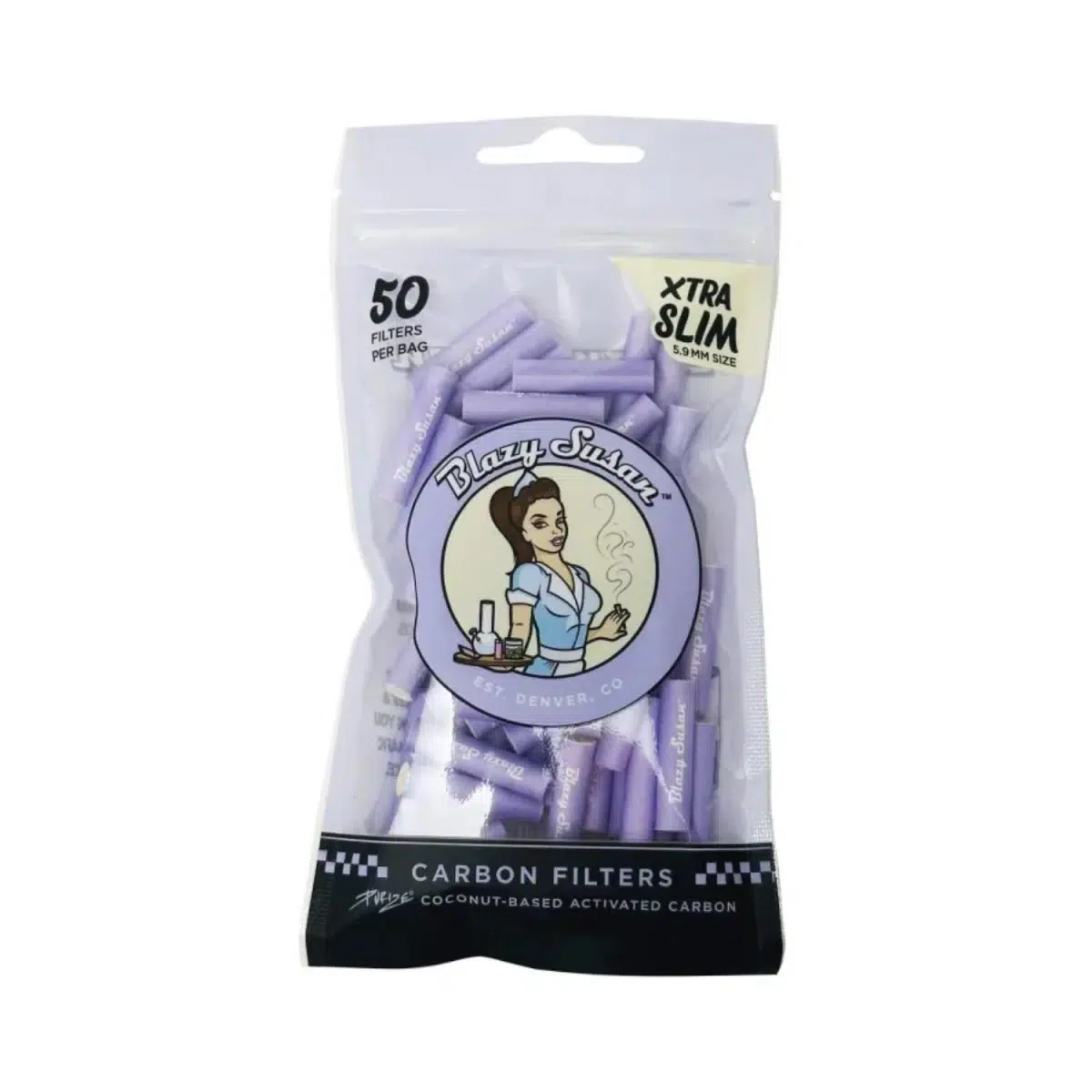 PURIZE Blazy Susan Aktivkohlefilter XTRA Slim 6mm im Beutel Lila – 50 Stück