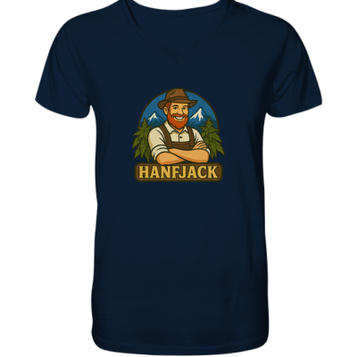 Hanfjack Logo – Mens Organic V-Neck Shirt